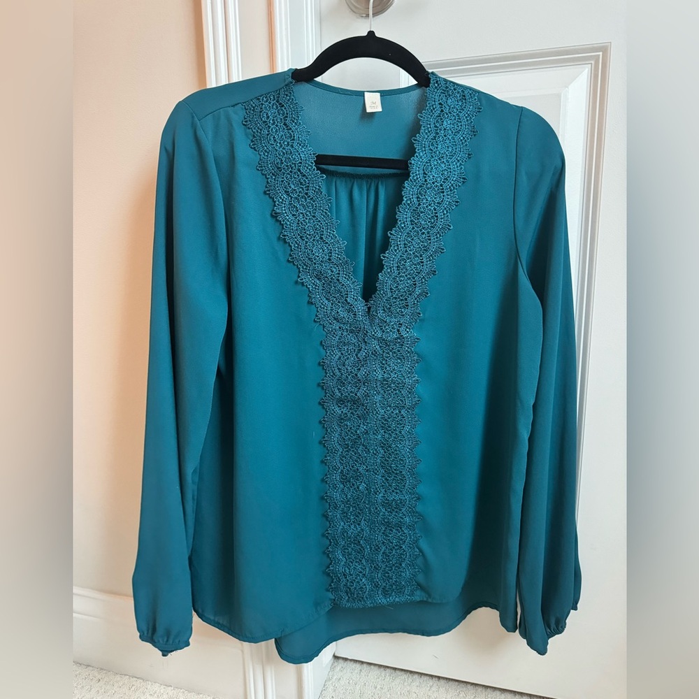 Women’s Teal Long Sleeve Top with Lace Detail